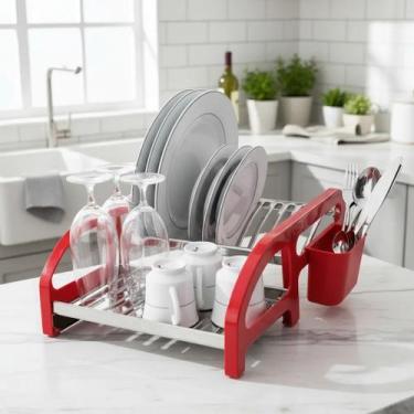 Imagem de Escorredor de Louça 12 Pratos Vermelho em aço Inox Cama com Porta Talh