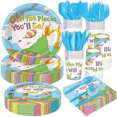 Imagem de Chicvizi 168Pcs Oh The Places You' ll Go Party Decoration Kindergarten Graduation Party Tableware Sets for Paper Plates Napkins Cups Spoons Knives Forks for 24 Guests