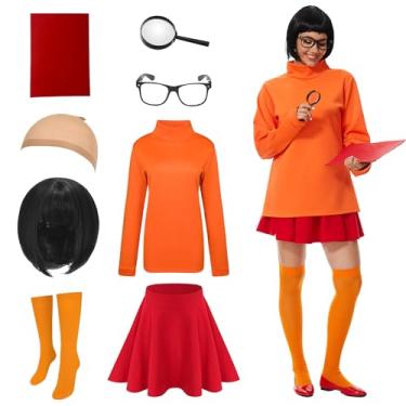 Imagem de Fantasia feminina de Halloween para adultos com personagens clássicos de filmes, camisa laranja com saia plissada vermelha, Laranja, vermelho, Small
