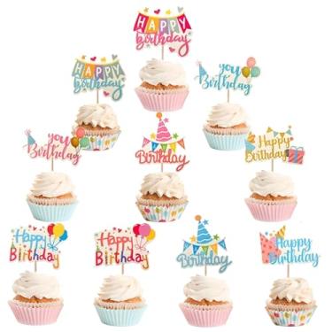 Imagem de Zpilkes 40 peças de topo de cupcake de feliz aniversário colorido balão de ar chapéu presentes topos de bolo decoração para festa de aniversário infantil suprimentos de chá de bebê
