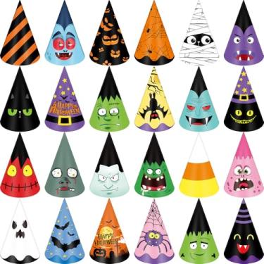 Imagem de Simlakey 24 peças de chapéus de cone de papel de Halloween, bruxa, abóbora, fantasma, morcego, aranha, adereços para fotos de festa de Halloween (clássico)
