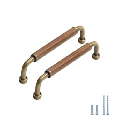 Imagem de Evionlin Cilindro de bronze escovado 2 peças Puxador de armário de nogueira retrô de madeira maciça, usado para gavetas de armário de cozinha