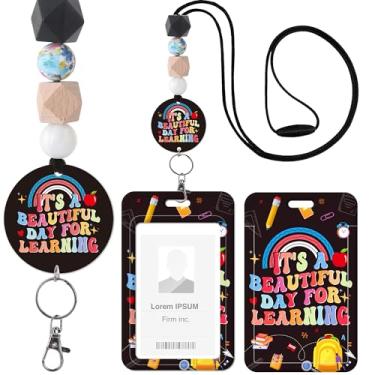 Imagem de Cordão de professor com suporte para crachá, colorido It's a Beautiful Day for Learning com alça de pescoço com contas, acessórios inspiradores para professores, presentes para mulheres e homens