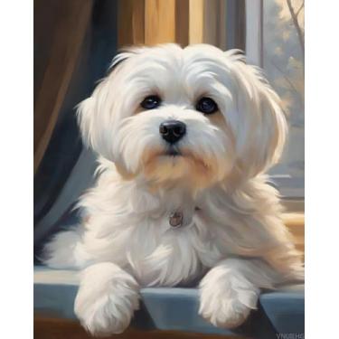 Imagem de VNUIEHG Kits de pintura por números para adultos, cachorro maltês no peitoril da janela, kits de pintura por números em tela, pinturas a óleo DIY para adultos, iniciantes, artes e artesanato, 40 x 50