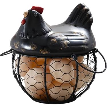 Imagem de Cesta de ovos preta de ferro pequena, tampa de cerâmica, estilo fazenda, suporte de bancada, armazenamento de ovos de galinha de cozinha, decoração de casa rústica, ovos de até 15 unidades