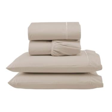 Imagem de Jogo de Lençol com e sem Elástico e 02 Fronhas - 4 Peças para Cama Casal King, Micropercal 300 Fios, 100% Poliéster, Bordado Ponto Palito (Versátil Completo/Cáqui, Jogo Lençol Casal King 4 Pçs)