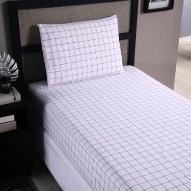 Imagem de Jogo de Lençol Grid em Percal 200 Fios, 2 Peças para Solteiro, Estampa Quadriculada, com Lençol Elástico e Fronha (Rosê Claro)