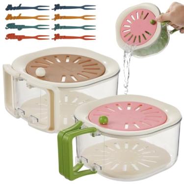 Imagem de Coador com tigela de lavagem de frutas, 2 peças de cesta de drenagem de cozinha para armazenar lavagem, tampa e alças dobráveis, inclui palitos de frutas, guarda geladeira
