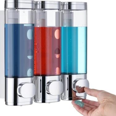 Imagem de Dispensador de sabão de chuveiro de 3 câmaras, bomba de parede de 850 g para xampu, condicionador e sabonete líquido, sem broca