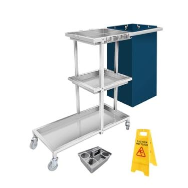 Imagem de Carrinho de limpeza de aço inoxidável Carrinho de limpeza com rodinhas com 3 prateleiras com saco de PVC (azul 2)