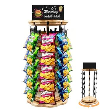Imagem de X-Kingsun Suporte para exibição de chips, 8 camadas, 40 clipes, organizador de lanches com quadro de mensagens, suporte giratório de doces, com base de madeira, suporte para lascas para festas, varejo