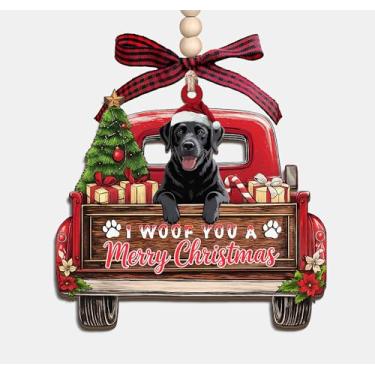 Imagem de Enfeite de madeira I Woof You A Merry Christmas - Caminhão de Natal com cachorro labrador preto, enfeite de lembrança de madeira em 3 camadas, presentes para mulheres, homens, amantes de animais de