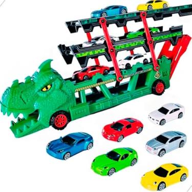 Imagem de Caminhão Dinossauro Carreta Dinossauro Cegonha Com 6 Carrinhos De Metal Brinquedo Educativo Criança A Partir 3 anos
