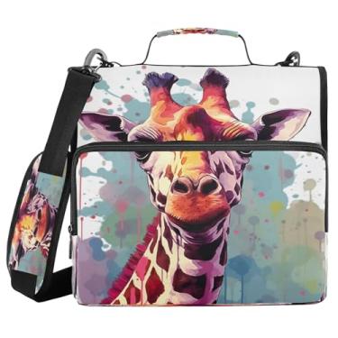 Imagem de Blueangle Pasta com zíper com pintura de girafa, bolsa de fichário de 3 anéis de 3 cm comporta 500 páginas, organizador de zíper com vários bolsos com alça e alça ajustáveis (416)