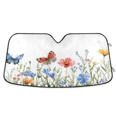 Imagem de ATTX Flores silvestres e borboletas pára-brisas de carro 134.6 cm x 59.7 cm Protetor solar universal com proteção UV, persiana de janela frontal automática dobrável para caminhões Sedans SUVs #751