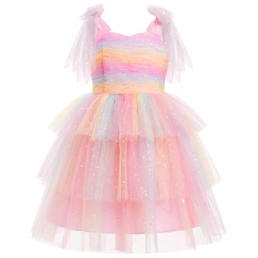 Imagem de AWIBMK Vestido de Dia dos Namorados para meninas, coração, glitter, alças finas, laço e ombro em camadas, vestido de aniversário de tule, Arco-íris rosa, 7-8 Anos