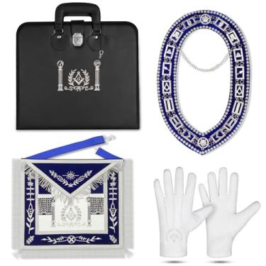 Imagem de Ibiisu Conjunto de regalia de pilar de prata maçônica premium – avental mestre maçom, gola corrente, luvas brancas e estojo de transporte bloqueável | Trabalho dourado bordado à mão, artesanato de