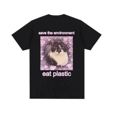 Imagem de Camiseta Oversized Com Estampa De Gato Fofo, Salve O Meio Ambiente, Co