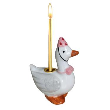Imagem de Castiçal de cerâmica para bolo de ganso para decoração de bolo de aniversário, decoração de festa de chá de bebê, ganso rosa