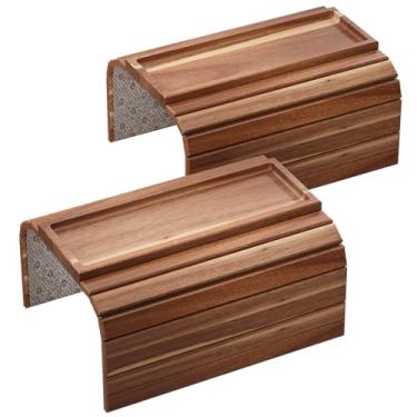 Imagem de Danfoxer Bandeja de braço de sofá, bandeja dobrável de madeira de acácia, bandejas de apoio de braço de sofá com almofada antiderrapante para bebidas, lanches, telefone, controle remoto, 2 peças