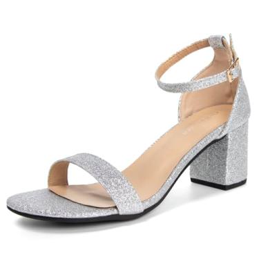 Imagem de qibusleen Sandália feminina de salto com duas tiras de camurça preta com tiras no tornozelo salto aberto 5 cm salto baixo sem ruído verão festa de casamento trabalho sandália sapatos, Glitter prateado