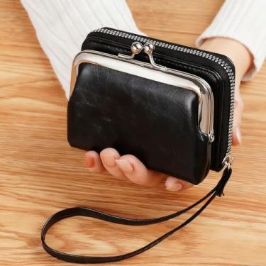 Imagem de Bolsa feminina para moedas, carteira vintage com zíper de 10 cm com vários compartimentos para cartões e fecho de pressão, Preto, Transversal