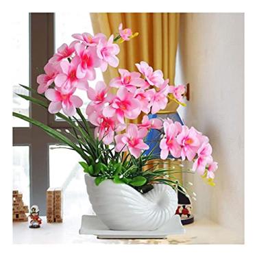 Imagem de LMJYU Flor de seda moderna com vaso de caracóis de porcelana, Phalaenopsis vaso de flores artificiais orquídeas buquê de flores falsas para decoração de casamento ou: rosa interessante