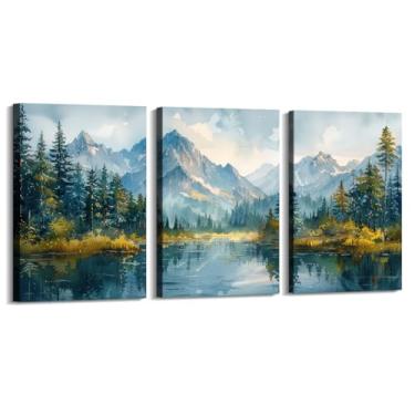 Imagem de Impressão em tela de montanha em aquarela com cenário do Colorado - pôster de floresta do lago arte de parede de paisagem moderna para sala de estar quarto decoração de escritório (SKU2-3PCS