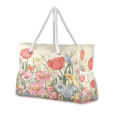 Imagem de Wassud Bolsa de praia vintage floral grande bolsa de praia para mulheres, impermeável, à prova de areia, bolsa de viagem com zíper e bolso para piscina, academia, acampamento