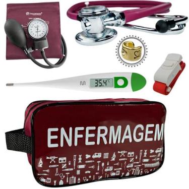 Imagem de Kit Aparelho Pressão Estetoscópio Enfermagem Incoterm, Vermelho escuro