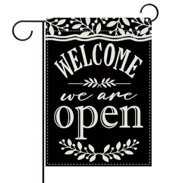 Imagem de Dyrenson Welcome We Are Open Bandeira decorativa de jardim, quintal preto e branco fora do parque da vila, decoração de casa de estopa de negócios ao ar livre pequena decoração dupla face 12 x 18