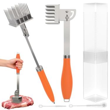 Imagem de SHOUNAJIA 1 ferramenta de amaciador de carne, design ajustável 2 em 1, agulha de aço inoxidável 304, martelo afiado de 30 lâminas para amaciar bife de frango, escova de limpeza, caixa de armazenamento