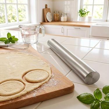 Imagem de Rolo de massa de aço inoxidável liso para assar, fondant, torta de pizza, massa e biscoitos, rolo de metal resistente antiaderente fácil de limpar para uso na cozinha, 20 cm