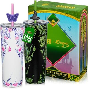 Imagem de Dragon Glassware x Wicked: For Good Pacote com 2 copos isolados a vácuo de 680 g com tampa e canudo - Conjunto de 2 copos malvados com 4 canudos e topos - Mercadoria oficial da Wicked - Sombras