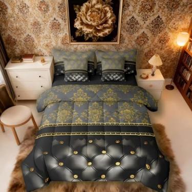 Imagem de Jogo de cama solteiro de 7 peças de damasco dourado | Conjunto de cama boêmio com padrão de textura de diamante preto luxuoso estilo vitoriano, gótico vintage, floral, gótico, barroco