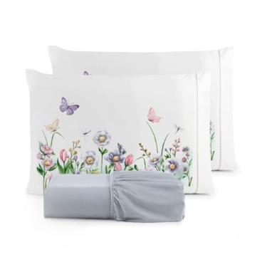 Imagem de Kit Jogo de Lençol Micropercal 400 Fios Ponto Palito Fronha Estampada(Borboleta - Lençol Cinza,Casal Queen 03 Peças)