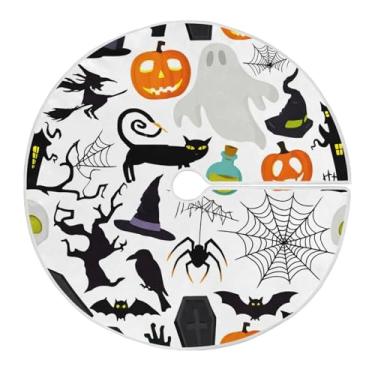Imagem de JUZIHAI Halloween Boo Saia de árvore de teia de aranha tapete de árvore de Natal ornamentos de decoração de férias para ambientes internos e externos em casa, 91 cm