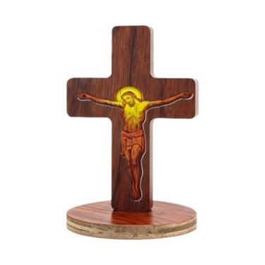 Imagem de KiBcsLic Cruz de mesa de madeira, crucifixo católico de Jesus de 8 cm, pequeno crucifixo para estante, Natal, festa na lareira.