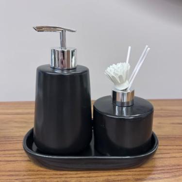Imagem de Kit Banheiro Lavabo Premium 3 Peças com Saboneteira, Difusor e Bandeja de Porcelana(Preto)