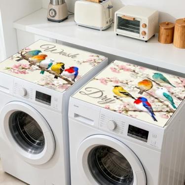 Imagem de GLOBLELAND 2 peças de capa protetora para máquina de lavar e secar pássaros coloridos 60 × 23 cm flores de cerejeira protetores superiores de máquina de lavar almofadas antiderrapantes para lavanderia