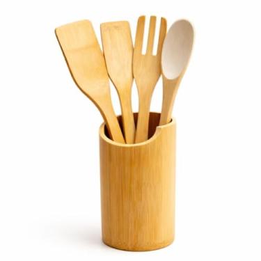 Imagem de Kit 5 Peças Utensílios de Cozinha em Bambu, Colher, Colher com Bico, Espátula, Garfo e Cepo Organizador, Sustentável, Ergonômico
