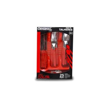 Imagem de Conjunto de Talheres Capri 25 Peças, Vermelho, Aço Inox e Plástico, 6 Facas 6 Colheres 6 Garfos 6 Colheres de Chá com Suporte