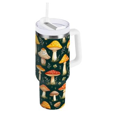 Imagem de Copo grande com isolamento de aço inoxidável verde floresta cogumelos com tampa e canudo isolado