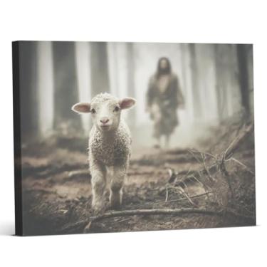 Imagem de Christian Jesus Lost Sheep Wall Art Print Vintage Jesus the Good Shepherd Pintura em tela arte religiosa decoração de parede para casa fazenda igreja 8x10 emoldurada