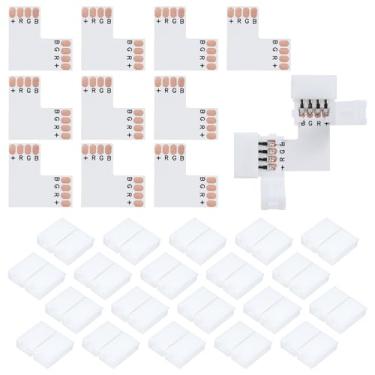 Imagem de 10 Peças de Conectores Fita LED em Forma L 4 Pinos com 20 Clips Conector para Fitas Luz RGB SMD 5050 3528