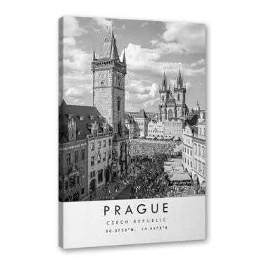 Imagem de Pôster de viagem preto e branco impressão de paisagem da cidade do mundo pintura em tela Praga Wall Art Picture Decoração de casa (16 x 24 polegadas (40 x 60 cm), emoldurado)