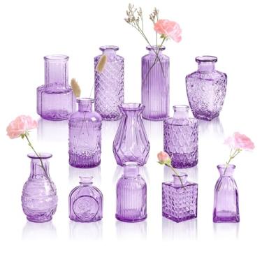 Imagem de GarDream Vasos de vidro roxo violeta a granel 12, pequenos vasos de flores texturizados vintage para centros de mesa de casamento, chá de bebê, evento de festa, conjunto de mini vasos decorativos para