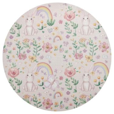 Imagem de Conjunto de 1 tapete de mesa de coelho arco-íris de flor lavável, 38 cm, jogo americano redondo de PVC, para mesa de jantar, mesa de cozinha