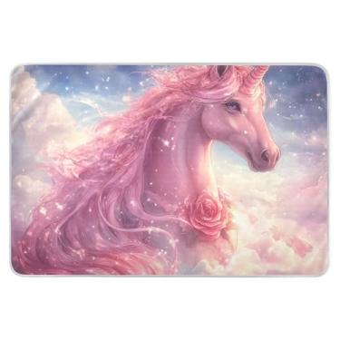 Imagem de Colchão rosa com nuvens de unicórnio rosa, grande, 86 cm x 132 cm, tapete de cama à prova de vazamento para mulheres, adultos, crianças, idosos e animais de estimação
