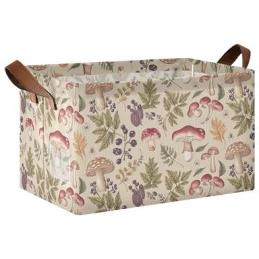 Imagem de Cestos bege com folhas de cogumelos para organização e armazenamento de sala de jogos, cestas decorativas dobráveis de 17 x 29 x 25 cm para armazenamento de armário, 1 unidade